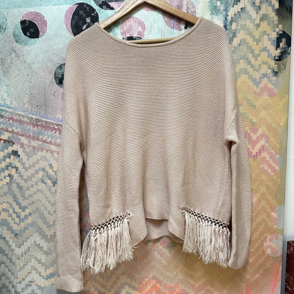 RAMY BROOK Kelly Sweater Blush Pink Pullover Fringe 100% Merino Wool - Picture 2 of 10